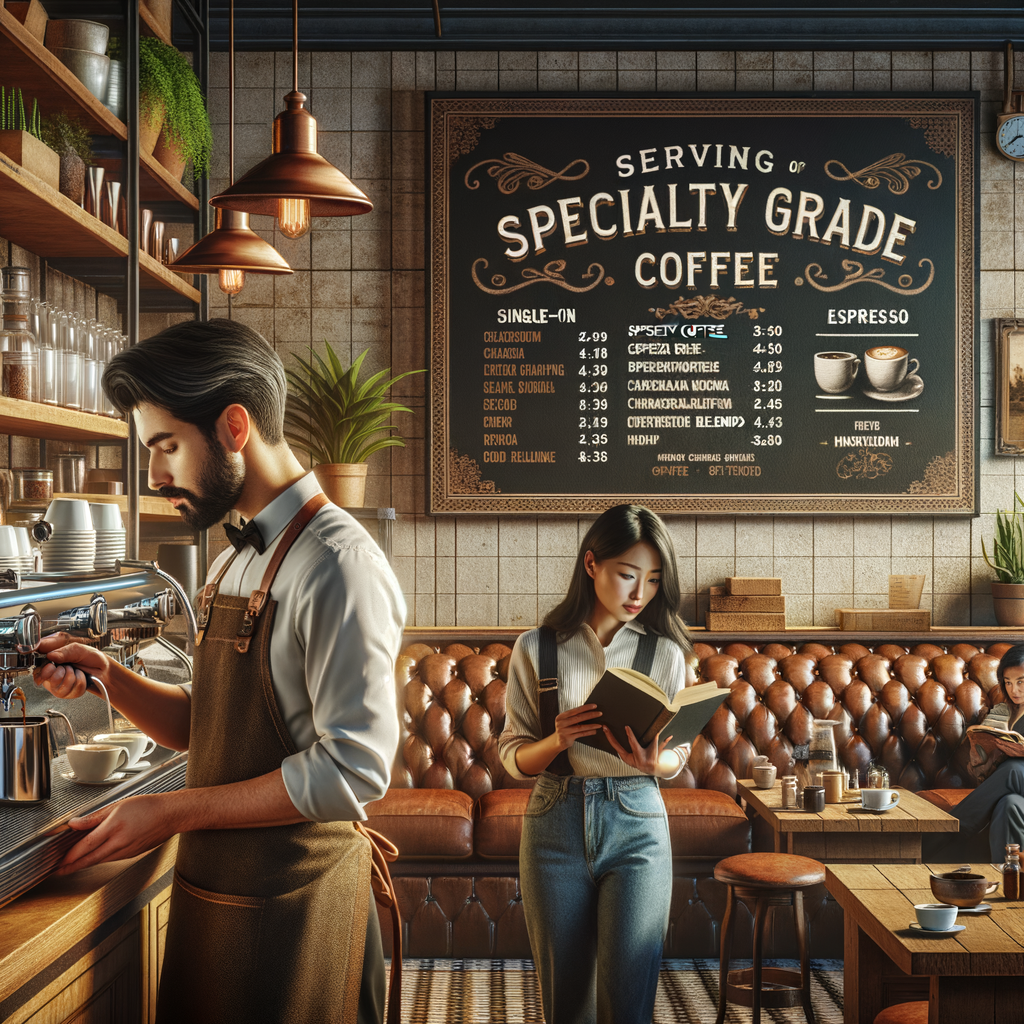 a man and woman in a coffee shop buying specialty coffee