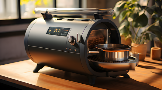 A minimalistic at-home coffee roaster in a modern wooden kitchen.
