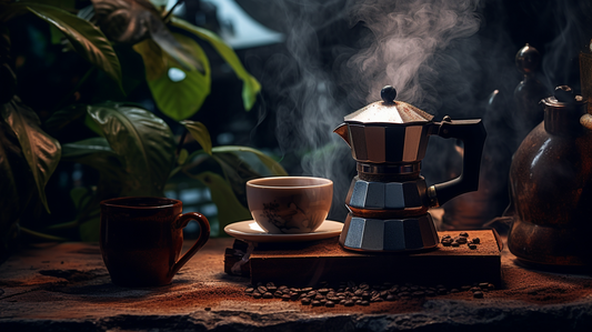 A moka pot percolator making coffee on a pedestal next to plants and trees.