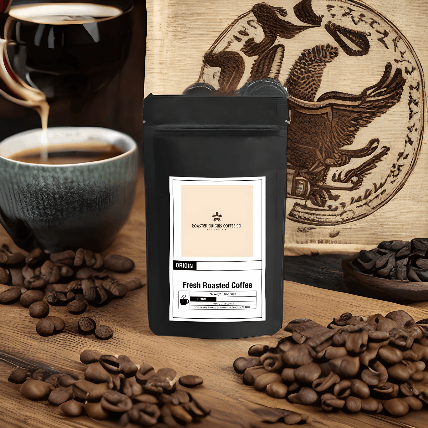 a bag of Asian Blend coffee next to piles of coffee beans and a bigger bag of coffee behind it