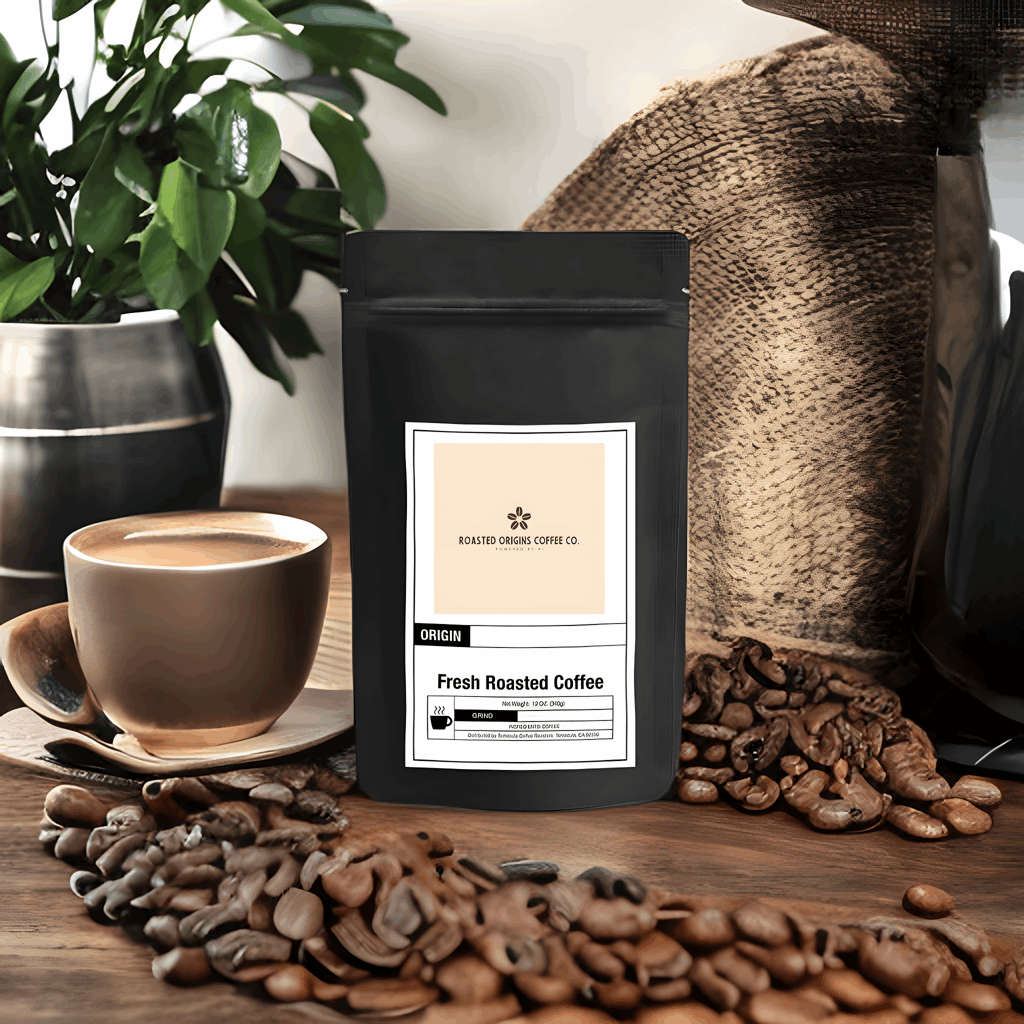 a bag of Blonde coffee next to a pile of coffee beans and a cup of coffee