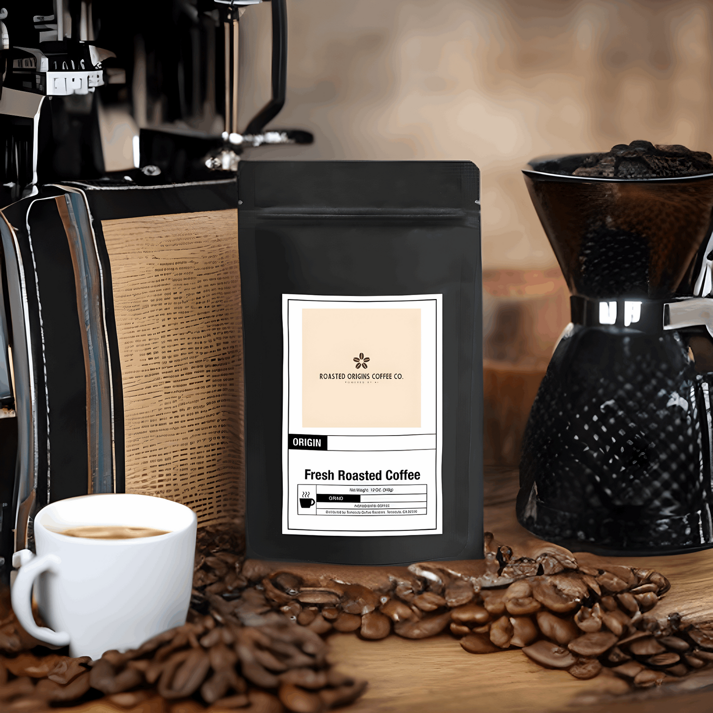 a bag of Cold Brew Coffee from roasted origins next to a coffee maker and coffee beans and a cup of coffee