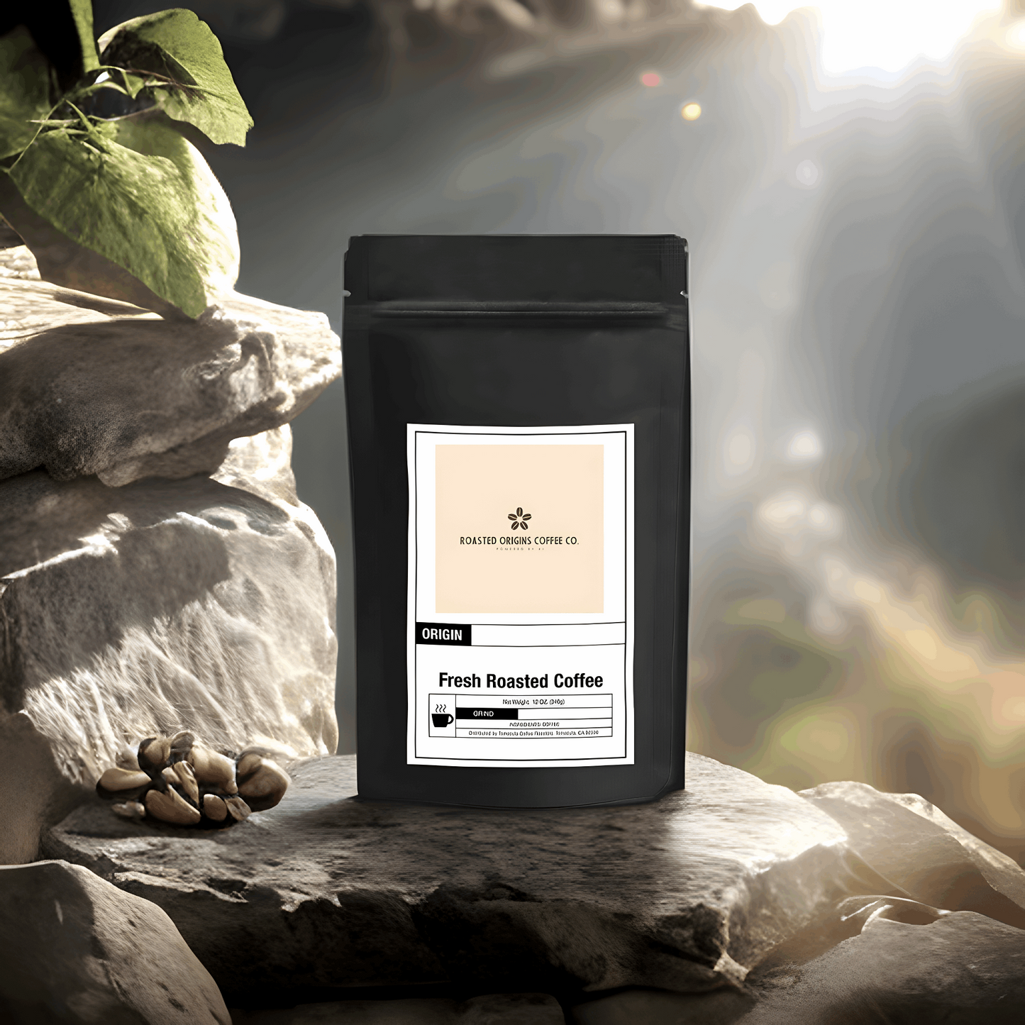 a bag of Colombian coffee on a rock with the sun shining in the background