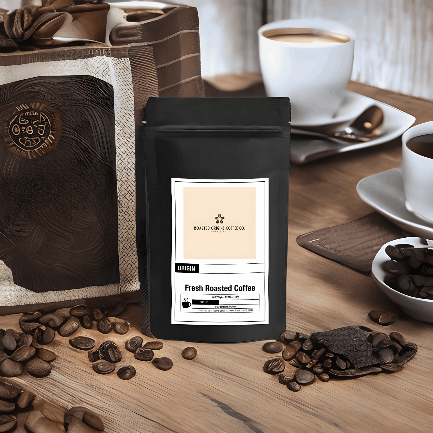 a bag of Donut Shop flavored coffee next to other bags of coffee and coffee beans