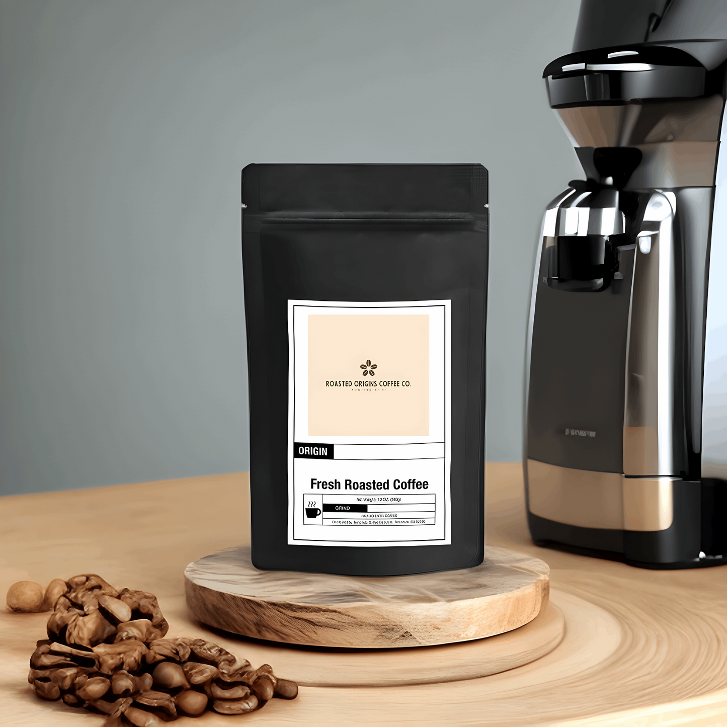 a bag of Hazelnut flavored coffee next to a coffee maker and a pile of coffee beans
