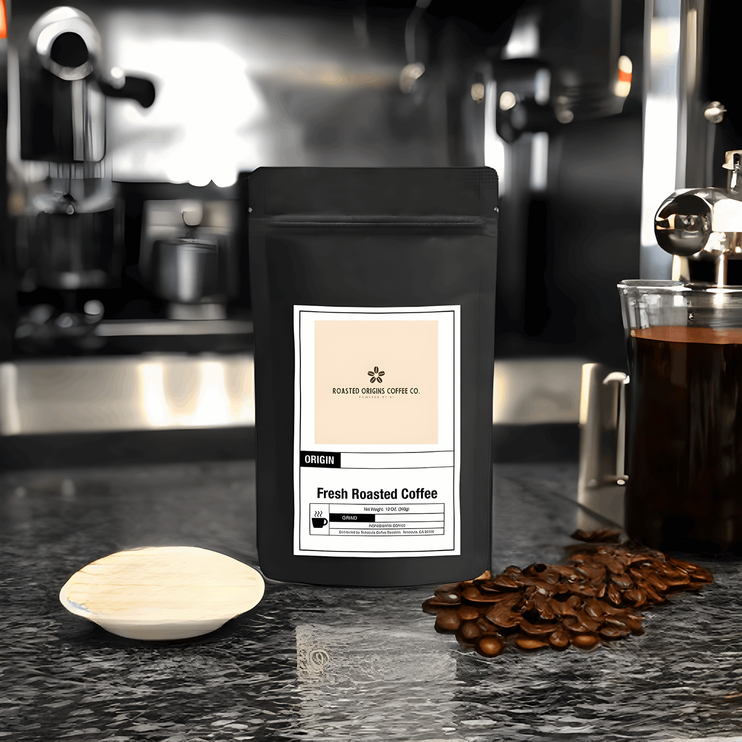 a bag of Italian Roast coffee on a granite counter top next to coffee beans