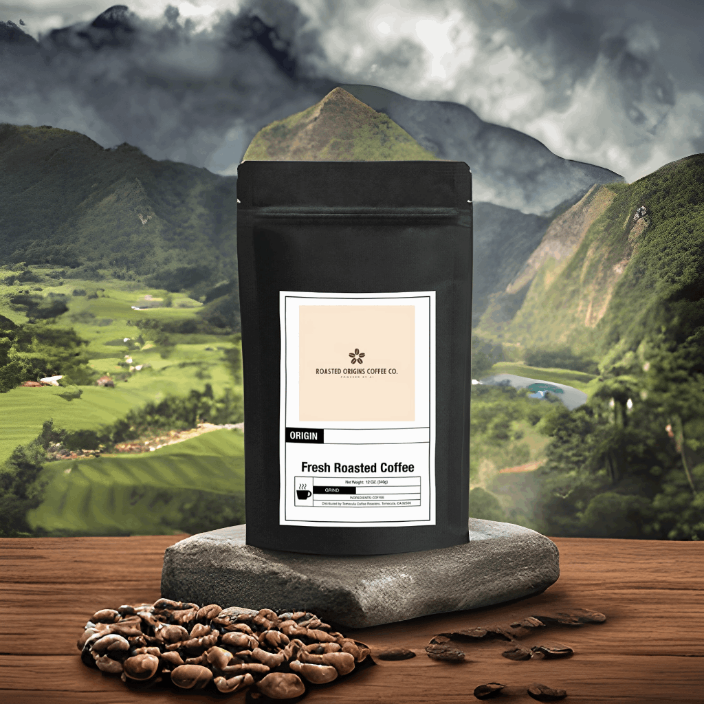 a bag of Peru coffee next to coffee beans on a pedestal