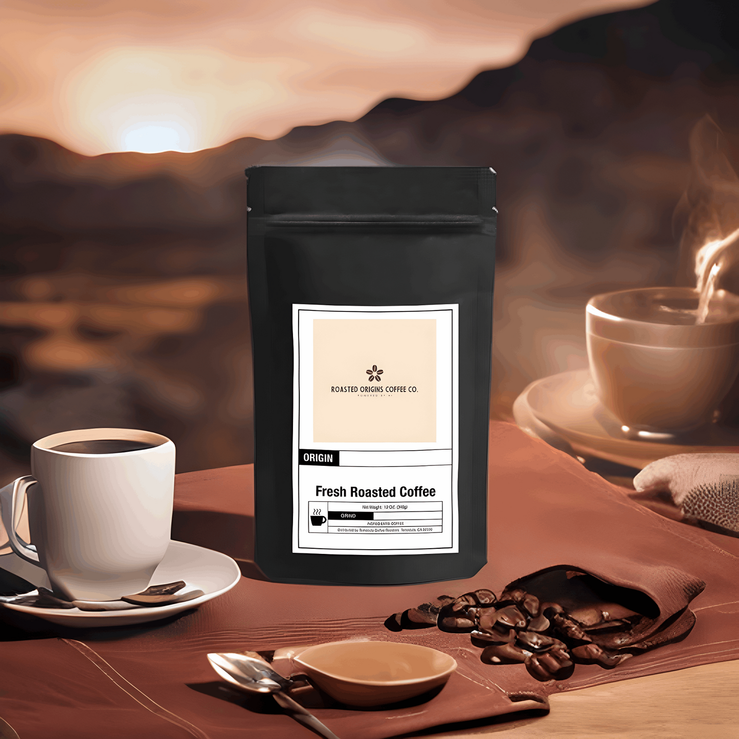 bag of Southwest Blend coffee on a place mat and coffee beans and a cup of coffee