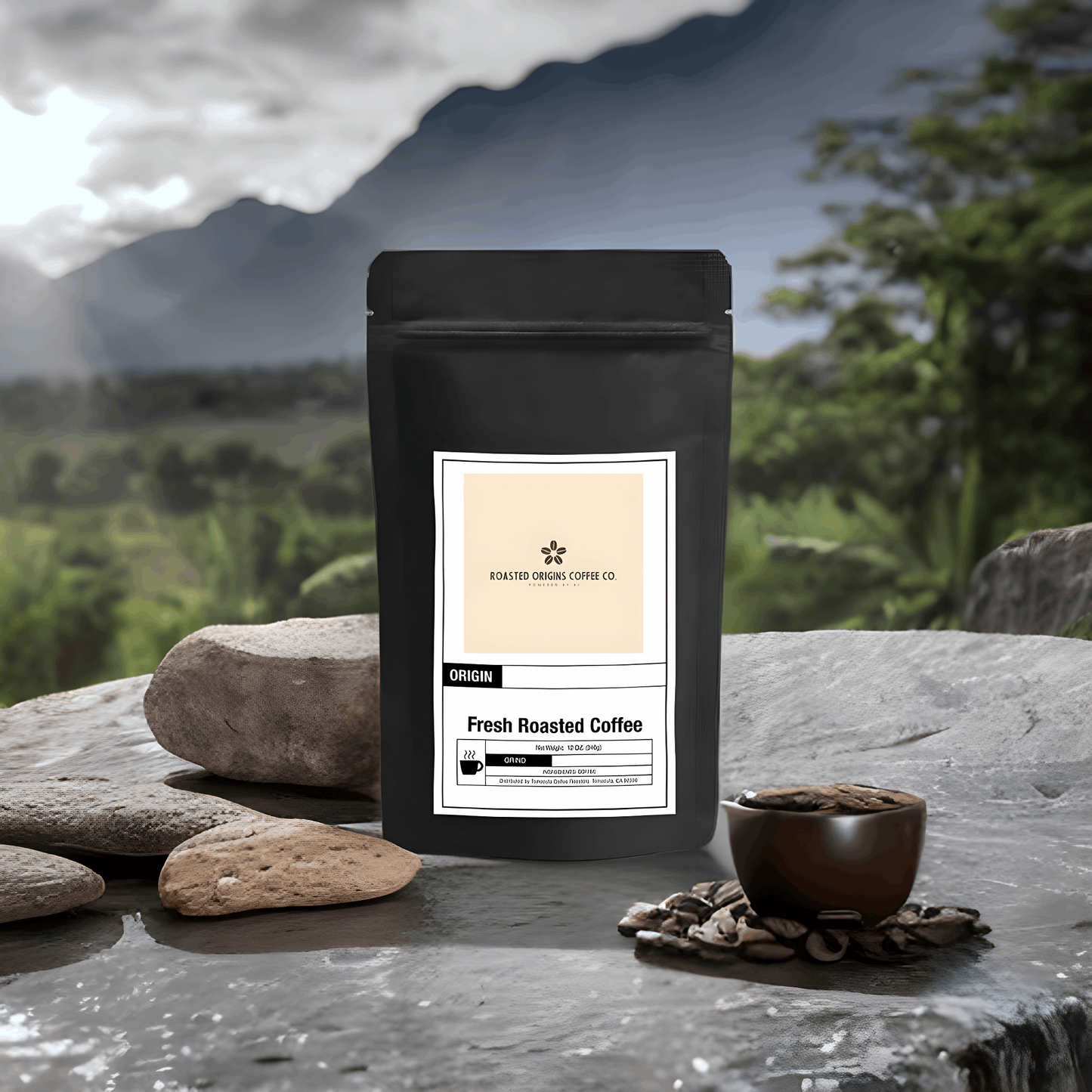 bag of Tanzania coffee next to rocks and coffee beans