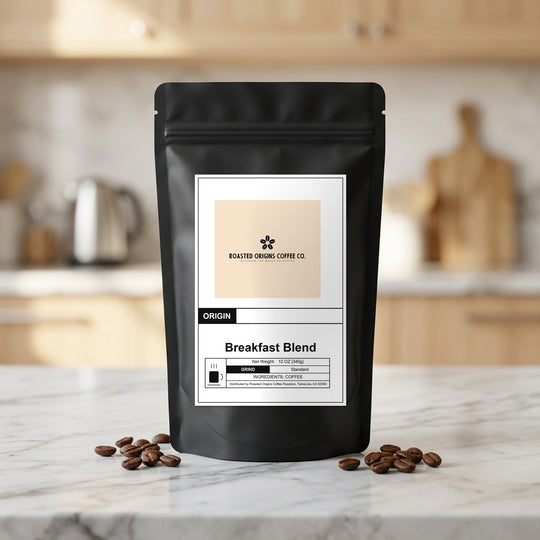 Breakfast Blend coffee bag standing on a marble kitchen counter, roasted beans scattered at its base