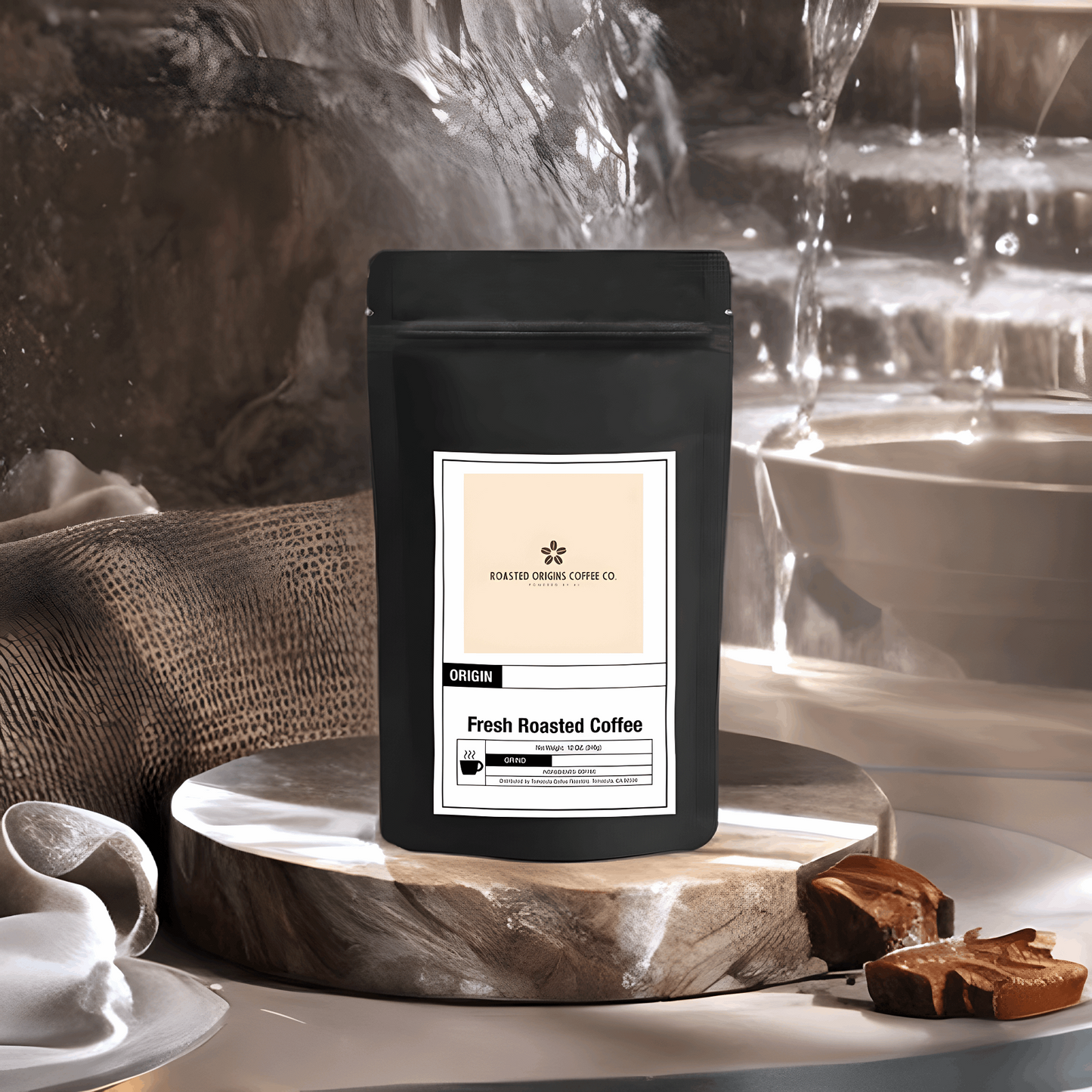 a bag of Caramel flavored coffee from roasted origins on a granite pedestal next to a fountain and caramel