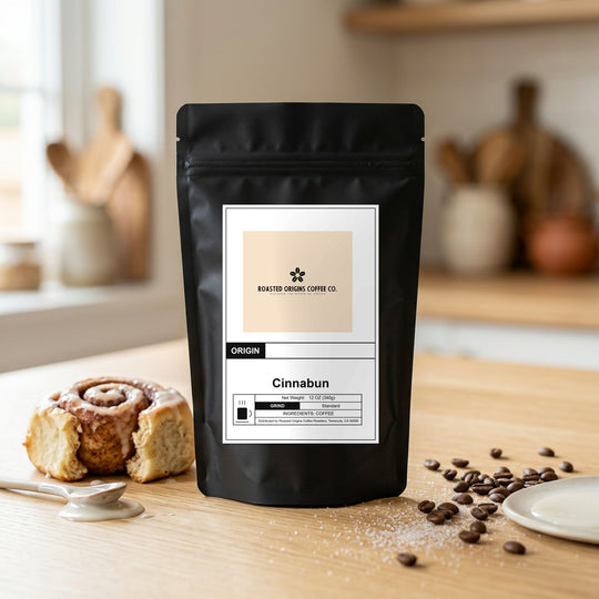 Cinnabun flavoured coffee bag on honey oak, staged among its flavourings