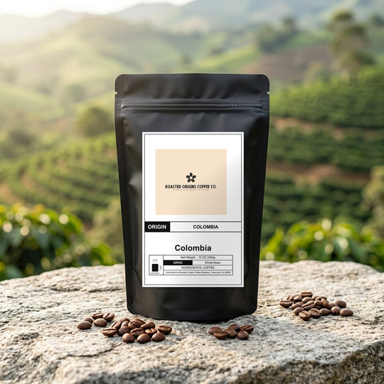 Colombia coffee bag standing on pale granite outdoors, roasted beans scattered at its base