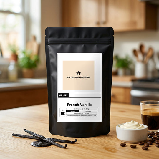 French Vanilla flavoured coffee bag on honey oak, staged among its flavourings
