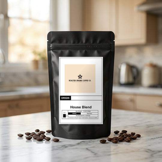 House Blend coffee bag standing on a marble kitchen counter, roasted beans scattered at its base