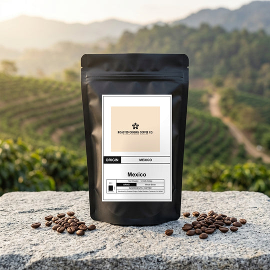 Mexico coffee bag standing on pale granite outdoors, roasted beans scattered at its base