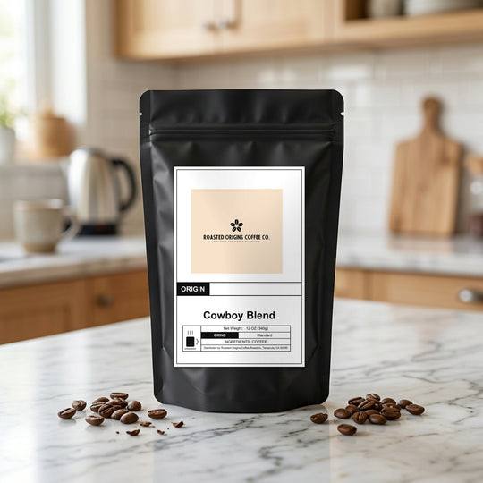 Cowboy Blend coffee bag standing on a marble kitchen counter, roasted beans scattered at its base