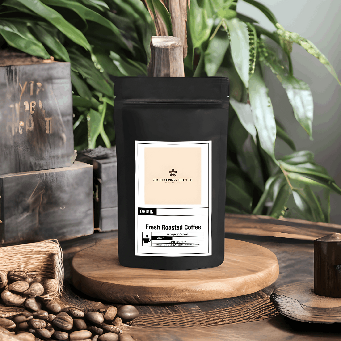 a bag of French Vanilla flavored coffee on a pedestal next to coffee beans