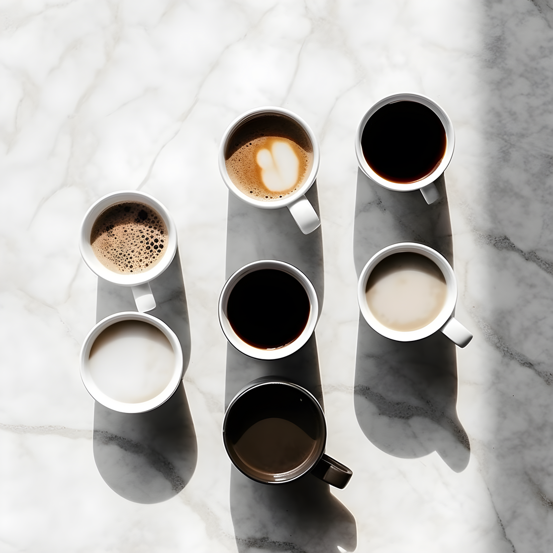 Roasted Origins Six Different Cups of Coffee on Marble Table