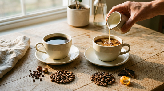 Two cream cups on oak, one black coffee and one swirling with poured cream, beside two mounds of beans