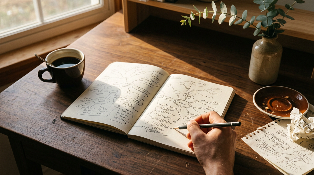 A half-full mug of coffee beside an open notebook of hand-drawn branching diagrams in morning sunlight