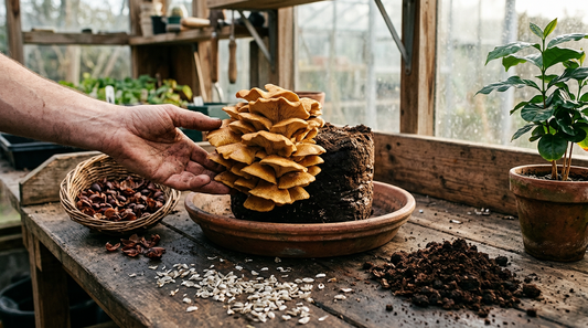 Oyster mushrooms growing from a block of spent coffee grounds beside dried cherry husks and chaff