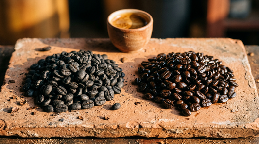 Two side-by-side mounds of very dark coffee beans on terracotta, one dry and flaky, one glossy with oil