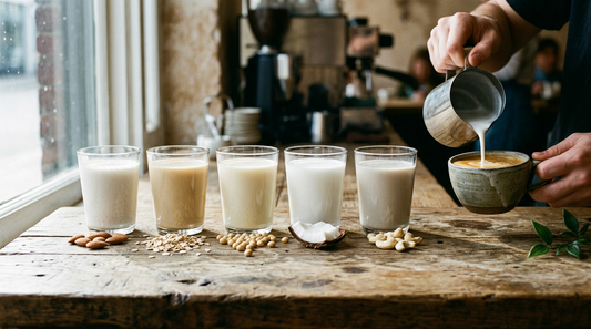 Glass tumblers of oat, almond, soy and cashew milk with scattered nuts and oats on a sunlit oak counter