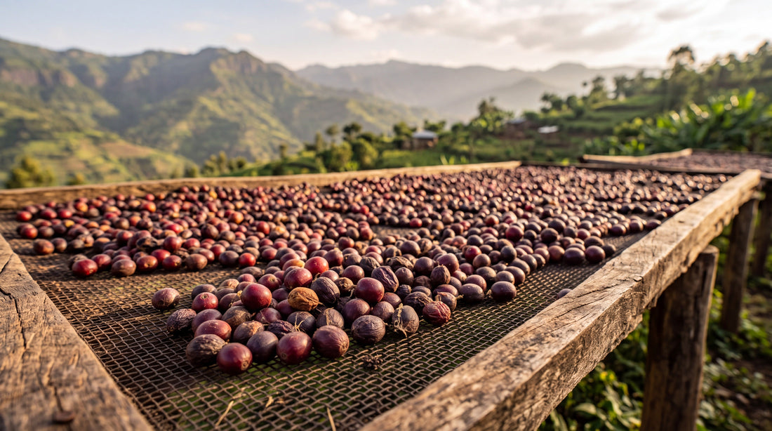 Whole coffee cherries drying skin-on in a thin layer on a raised mesh drying bed in warm morning sunlight