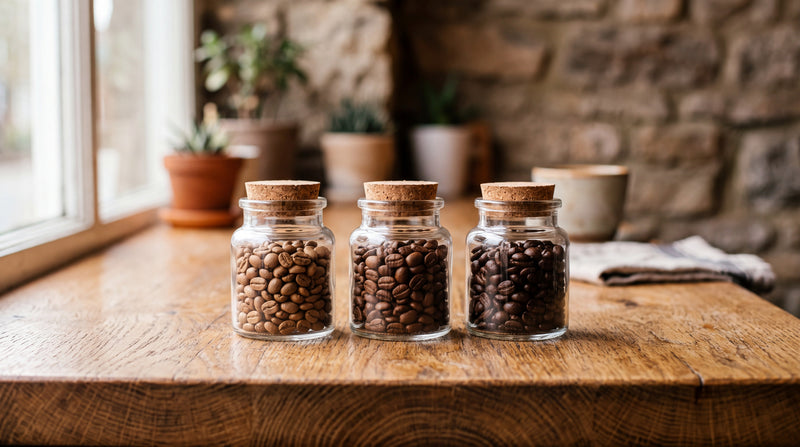 Three jars of whole coffee beans showing light, medium, and dark roast side by side