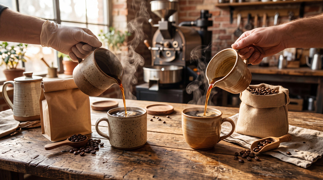 Two cups of coffee side by side on a wooden table, comparing two origins