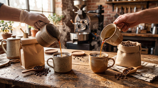 Two cups of coffee side by side on a wooden table, comparing two origins