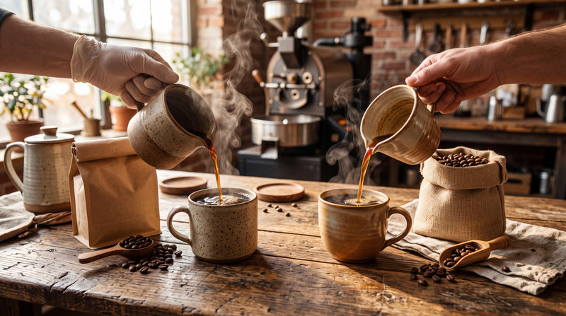 Two cups of coffee side by side on a wooden table, comparing two origins