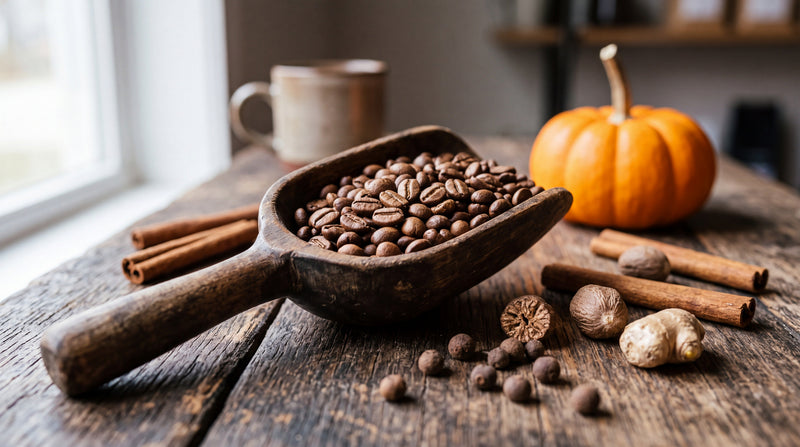 Medium-roast coffee beans in a wooden scoop beside cinnamon sticks, nutmeg, ginger and a small pumpkin