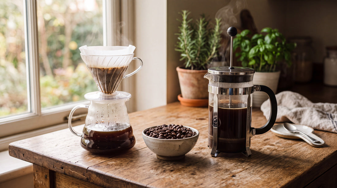 A pour-over brewer and a French press side by side on a wooden counter in warm morning light