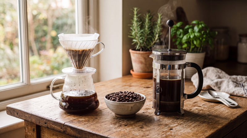 A pour-over brewer and a French press side by side on a wooden counter in warm morning light