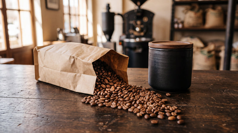 Whole roasted coffee beans spilling from an opaque kraft bag beside a sealed ceramic storage canister on a dark wooden counter