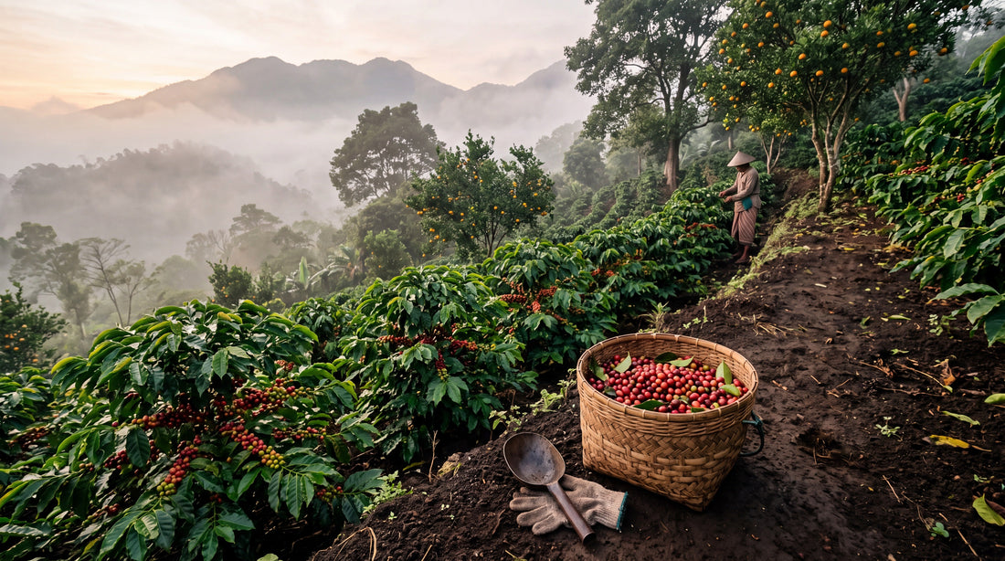 Coffee shrubs with ripe red cherries growing under citrus trees on a misty Balinese highland slope