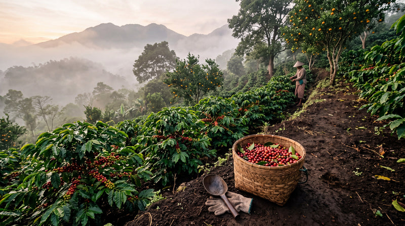 Coffee shrubs with ripe red cherries growing under citrus trees on a misty Balinese highland slope