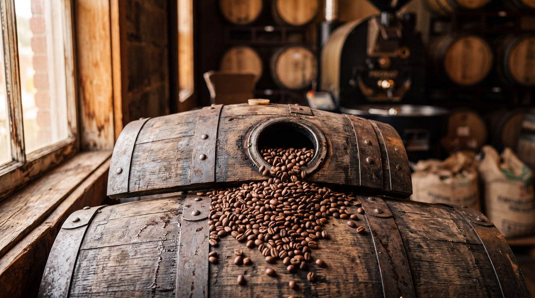 Roasted coffee beans spilling from a whiskey barrel bung hole in warm light