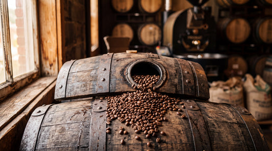 Roasted coffee beans spilling from a whiskey barrel bung hole in warm light