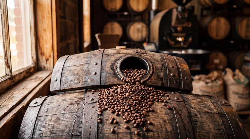 Roasted coffee beans spilling from a whiskey barrel bung hole in warm light