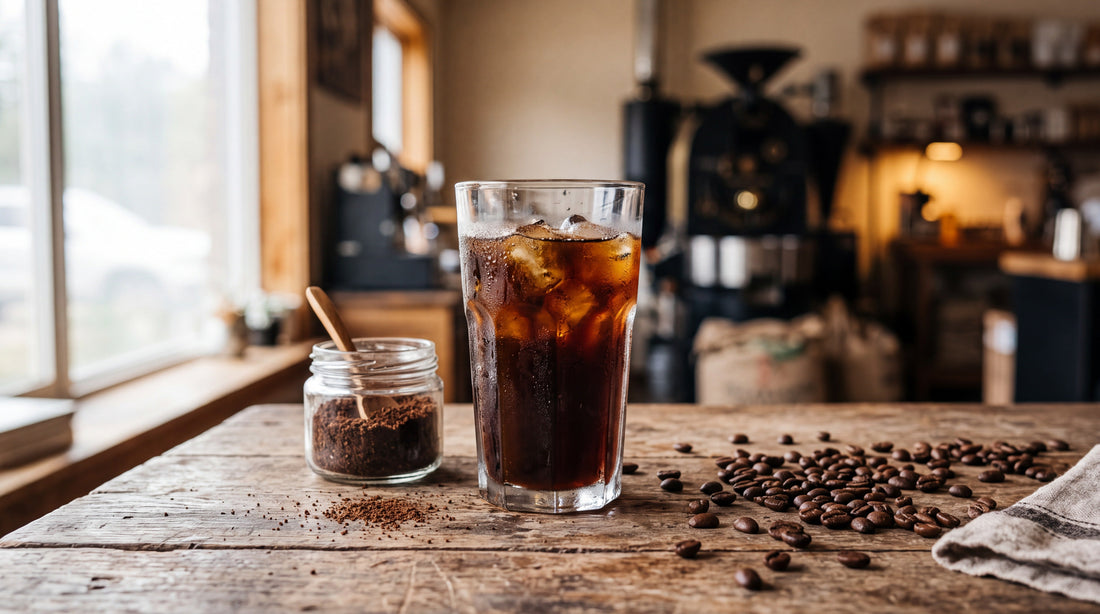 A tall glass of cold brew coffee over ice beside a jar of ground coffee on a wooden counter in natural light