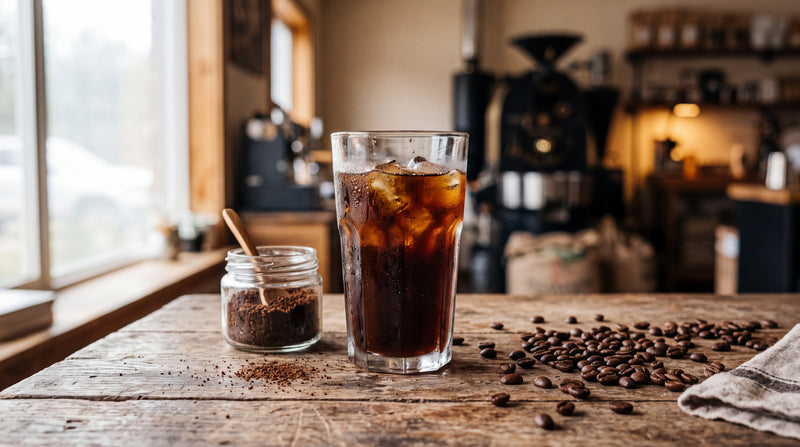 A tall glass of cold brew coffee over ice beside a jar of ground coffee on a wooden counter in natural light