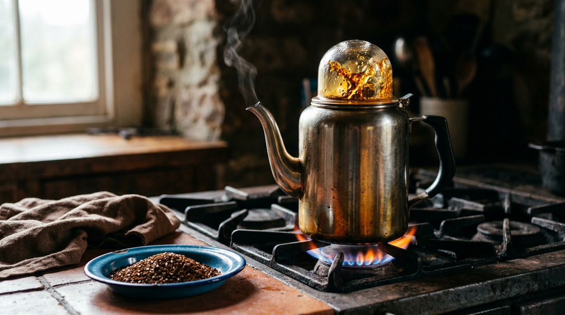 Close-up of amber coffee bubbling in the glass knob of a stovetop percolator with steam rising