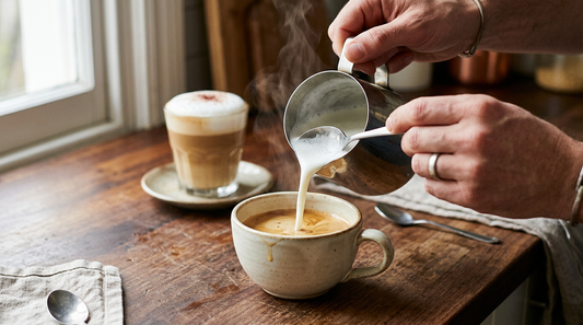 Hands hold a spoon back against the foam while pouring steamed milk into a cream cup on a wood counter
