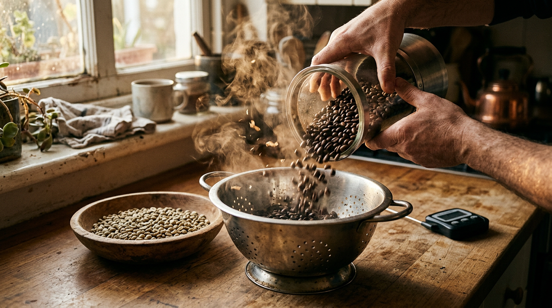 Hands tip freshly roasted beans into a steel colander, chaff and smoke rising, green beans in a bowl nearby