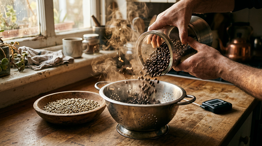 Hands tip freshly roasted beans into a steel colander, chaff and smoke rising, green beans in a bowl nearby