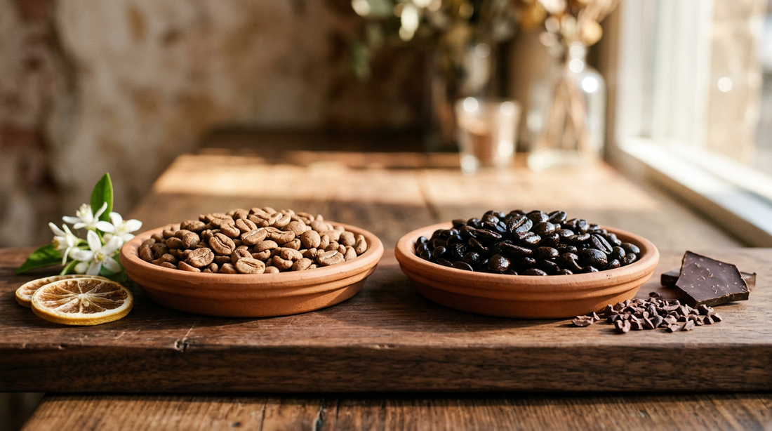 Pale matte light-roast beans and oily near-black dark-roast beans in terracotta dishes on dark wood