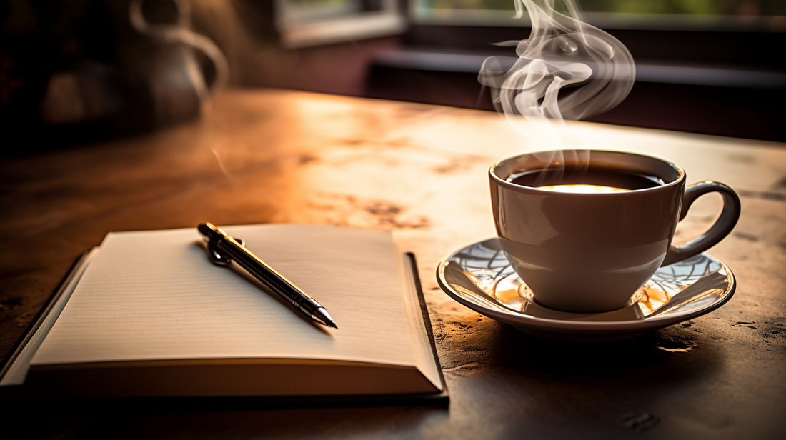 A close-up image of a steaming cup of coffee next to an open notebook and pen/pencil. This conveys the concept of coffee fueling creativity and writing/journaling.